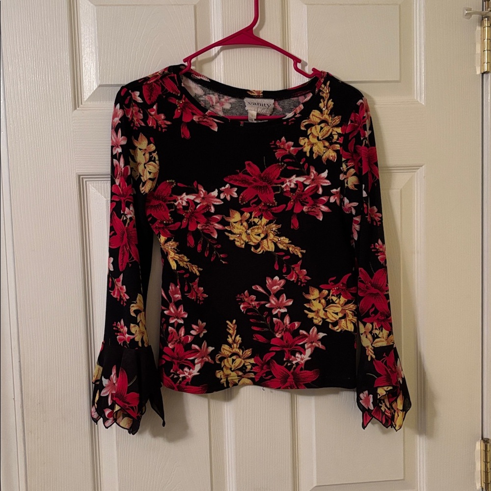 Vanity Black Top with Red and Yellow Floral Accents
